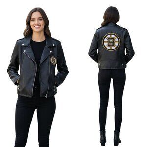 The Wild Collective NWT Began Leather Boston Bruins Moto Jacket Size L*